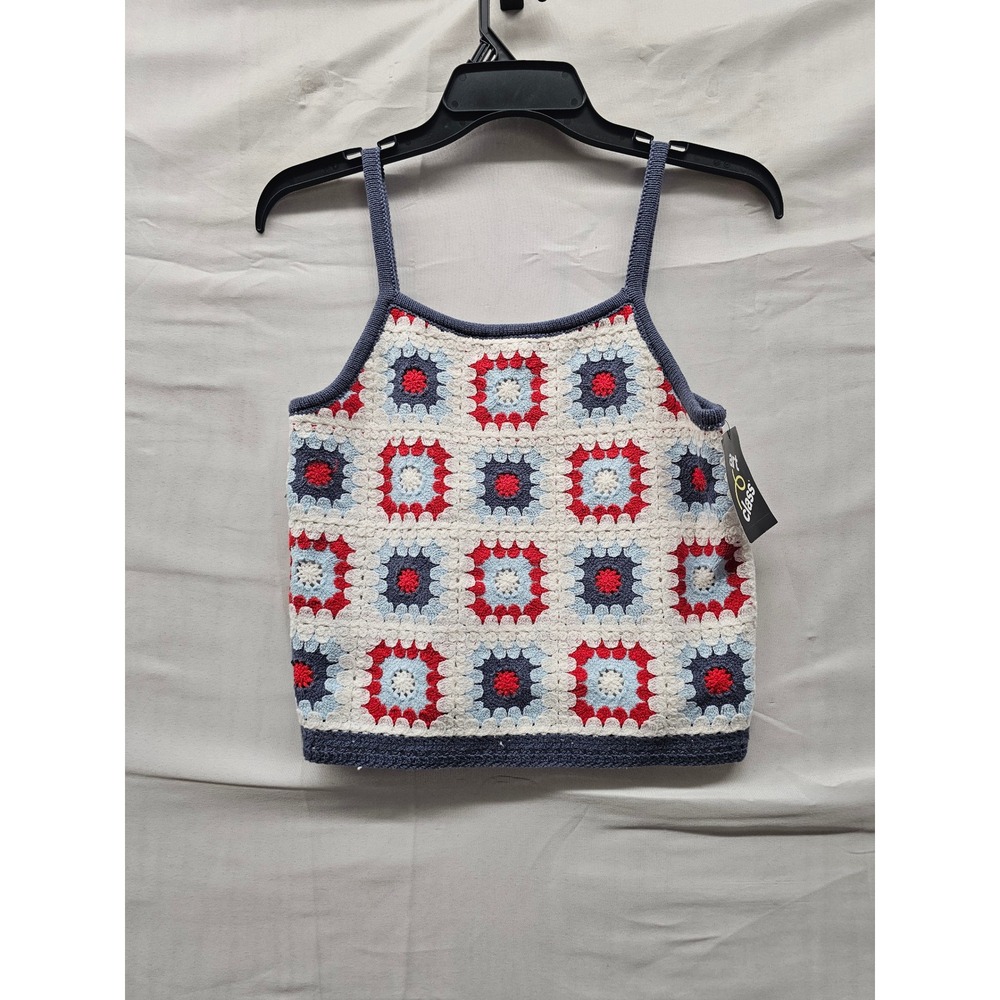 Art Class Girls Crochet Granny Square Tank Top Blue Cotton Blend Size Large